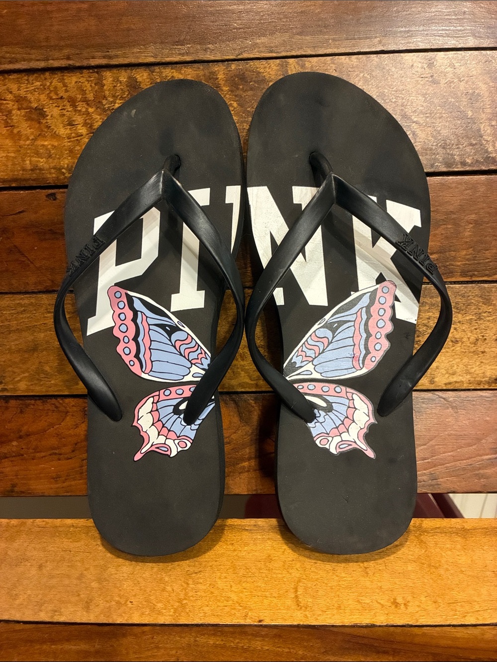 PINK Victoria's Secret Black Flip Flops with Pink & Light Blue Butterfly
